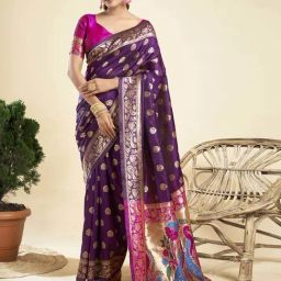 Satrani Purple & Magenta Woven Saree With Unstitched Blouse-image-36
