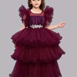 Pink Chick Kids Maroon Solid Party Gowns-image-73