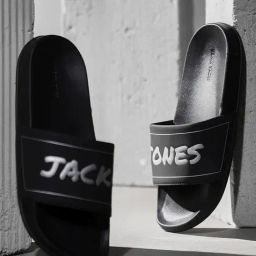 Jack & Jones Men's SMU Jet Black Logo Print Pool Slides-image-1