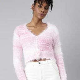 SHOWOFF Pink & White Regular Fit Cardigan-25