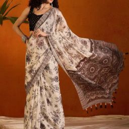 Saree Mall White Printed Sarees With Unstitched Blouse-image-48