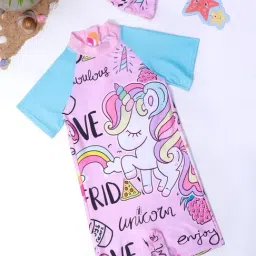Bubble Berry Girls Pink Printed Swimsuit With Cap-picture-8