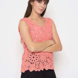 MADAME Peach Lace Pattern Top-image-57