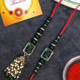Karatcart Gold-Plated Green Carved Stone Lumba Rakhi, Roli & Chawal for Bhai & Bhabi - Set of 2-24