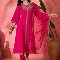 Sangria Women Floral Embroidered Kurta with Trouser & Dupatta-image-4