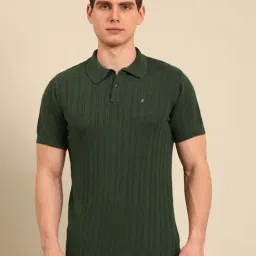 Linen Club Green Slim Fit Striped Polo T-Shirt-picture-3