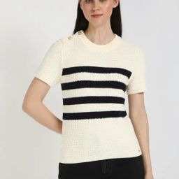 Tommy Hilfiger Beige & Black Cotton Regular Fit Striped Sweater-image-40