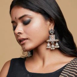 Curio Cottage Aria Silver Trio Jhumki Earrings-image-13