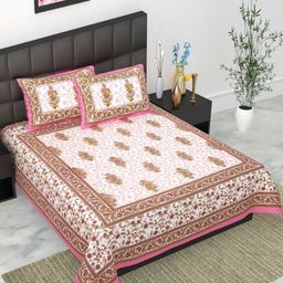 UNIBLISS Pink & White Floral Jaipuri Printed Cotton 144TC Queen Bedsheet Set-2.15mx2.35m-image-73