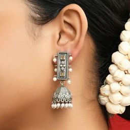 Fida Silver-Plated Geometric Pearl Jhumki Earrings-image-72