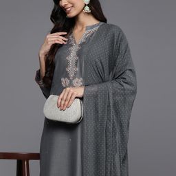KSUT Floral Embroidered Mandarin Collar Kurta With Trousers & Dupatta-picture-23
