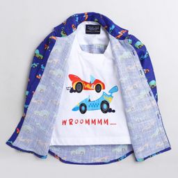 Polka Tots Full Sleeves Vroom Car Printed Shirt With Attached Tee - Blue-image-38