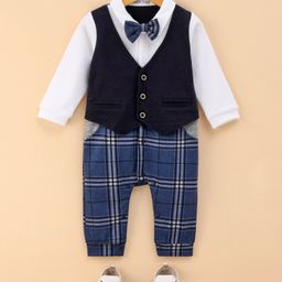 Mark & Mia Cotton Full Sleeves Checkered Party Romper with Bow - Navy-image-19