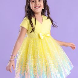 Babyhug Half Sleeves Sequinned Party Frock with Sequin Detailing & Bow Applique - Yellow-picture-25