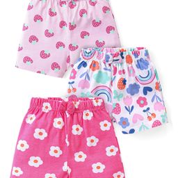 Babyhug Cotton Knit Shorts with Strawberry & Floral Print Bow Applique Pack of 3 -  Multicolour-image-91