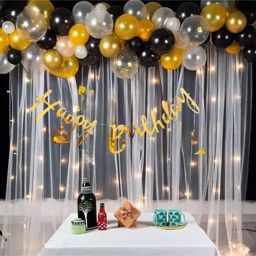 Surprise Decor 71 pcs Birthday decoration items for boy, husband, girl combo Black & White balloons for decoration, White net curtain with LED light for decoration, Black & White birthday party decoration.-image-2