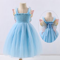 Kookie Kids Sleeveless Smoked Frock with Frill & Butterfly Wings - Blue-picture-18