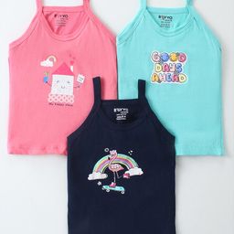 Revvo Junior Cotton Sleeveless Floral & Flamingo Printed Slips Pack of 3 - Pink Sky Blue & Black-image-25
