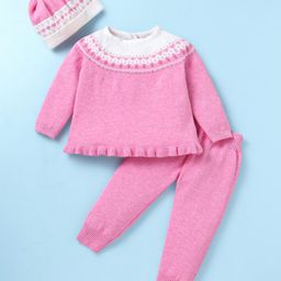 ToffyHouse Knit Full Sleeves Sweater Set With Asterisk Design & Hat - Pink-image-27