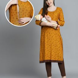 True Shape Three Fourth Sleeves Leaves Printed Maternity Kurta With Concealed Zipper Nursing Access - Mustard-image-32
