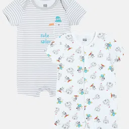 MINI KLUB Cotton Pack Of 2 Half Sleeves Palace & Sailor Text Printed Rompers - White & Blue-picture-7