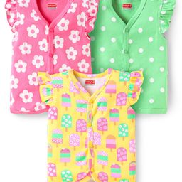 Babyhug 100% Cotton Interlock Knit Front Open Sleeveless Vests With Floral Popsicle & Polka Dot Print Pack Of 3 - Yellow Pink & Green-image-11