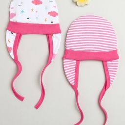 BUMZEE Cotton Pack Of 2 Striped & Clouds Printed Tying Caps With Ear Flaps - Pink & White-25