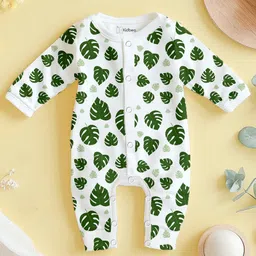 Kidbea 100% Organic Cotton Full Sleeves Leaves Printed Romper - Green-picture-25