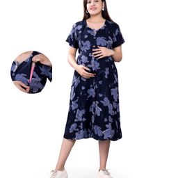 Mamma's Maternity Rayon Short Sleeves Floral Printed Maternity Dress With Nursing Access - Navy Blue-image-42