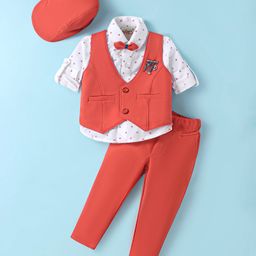 Dapper Dudes Full Sleeves Abstract Printed 3 Piece Party Suit Set With Cap & Bow Set - Orange-picture-0