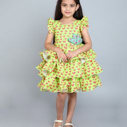 PinkChick Cotton Frill Sleeves Hearts Printed & Applique Detailed Layered Dress - Limegreen-image-99