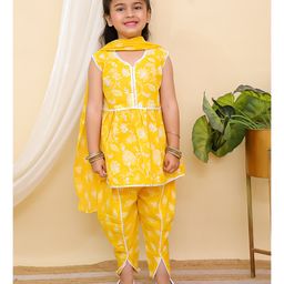 AJ Dezines Cotton Sleeveless Floral Printed Kurti & Dhoti Style Pant With Dupatta Set - Yellow-image-86