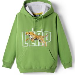 Pine Kids Cotton Knit Full Sleeves Hoodie with Kangaroo Pocket & Cheetah Print - Green-20