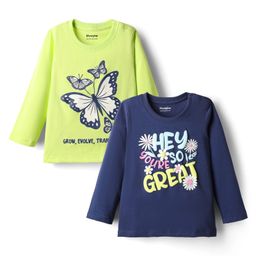 Honeyhap 100% Premium Cotton Knit With Bio Finish Tops with Butterfly & Hey Hope You Are So Great Text Print Pack of 2 - Sunny Lime & Navy Peony-picture-21