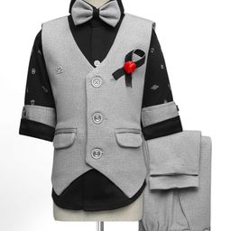 Rikidoos Full Sleeves Abstract Printed 3 Piece Party Suit With Bow Set - Grey & Black-image-50