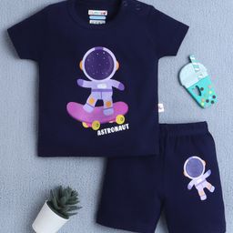 BUMZEE Cotton Knit Half Sleeves Astronaut Printed Tee & Coordinating Shorts Set - Navy Blue-image-33