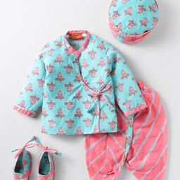Exclusive from Jaipur Cotton Woven Full Sleeves Floral Printed Kurta Dhoti Set with Cap & Mojaris - Pink & Light Blue-image-68