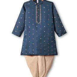Babyhug Woven Full Sleeves Kurta Dhoti Set With Foil Print - Teal Blue-image-58
