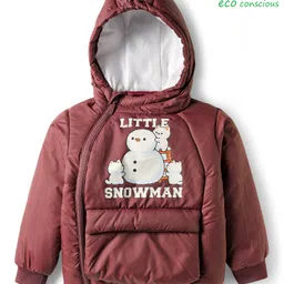 Babyoye Woven Full Sleeves Padded Hooded Jacket With Snowman Print - Maroon-picture-44