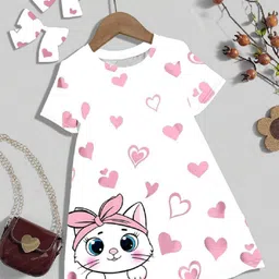 Bolly Lounge Cotton Blend Knit Half Sleeves Hearts & Cat Printed Night Dress - White-picture-44