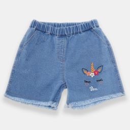 Creative Kids Denim Cotton Unicorn Silhoutte Embroidered Frayed Shorts - Light Blue-image-94