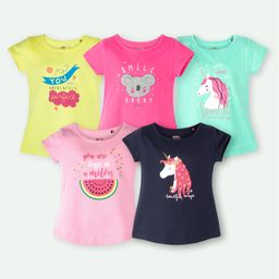 Ariel Cotton Knit Pack Of 5 Half Sleeves Unicorn & Typography Printed Tops - Yellow Pink Green & Navy Blue-image-87