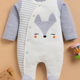 Wonderchild Full Sleeves Striped & Fox Embroidered Sleepsuit - Dull White-image-7