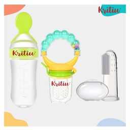 Kritiu Baby Silicone Fruit Nibbler Soother Squeezy Food Feeder Bottle With Spoon & Fingure Toothbrush -(Pack of-3)- Green-16