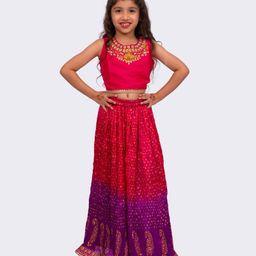 Twisha Woven Sleeveless Floral Embroidered Bandhani Designed & Sequins Embellished Lehenga Choli Set - Pink & Purple-image-8