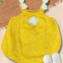 Creative Kids Georgette Woven Sleeveless Floral Printed Bow Applique Detailed Onesie - Yellow & White-picture-12