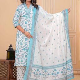 VASVI Floral Printed Pure Cotton V-Neck Straight Kurta With Trousers & Dupatta-36