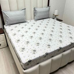 Pure Decor Passion White & Grey Floral Cotton 180 TC Queen Bedsheet Set-2.28m X 2.54m-picture-2