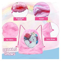 FunBlast Unicorn theme Fluffy Plush Drawstring Bag Multicolor - Height 37.5 cm image 2