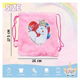 FunBlast Unicorn theme Fluffy Plush Drawstring Bag Multicolor - Height 37.5 cm image 3